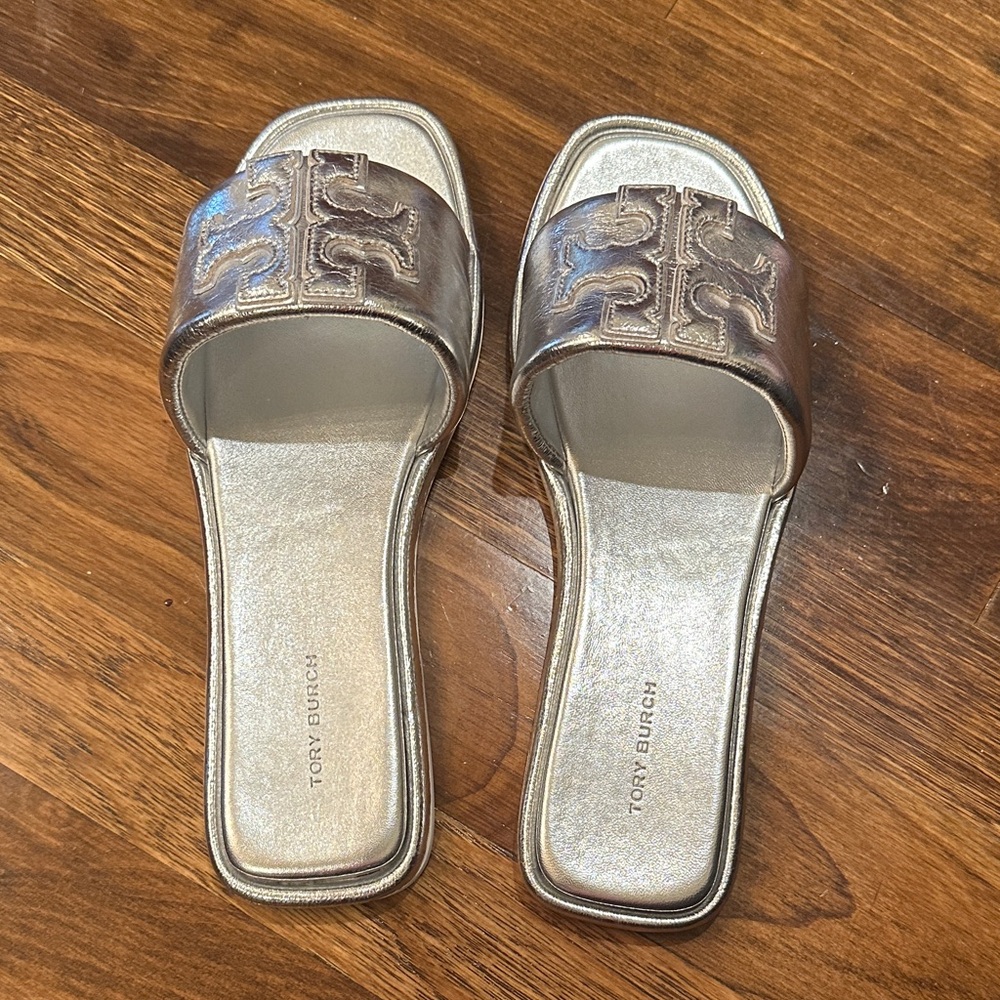 Tory Burch Metallic Silver Slide Sandals